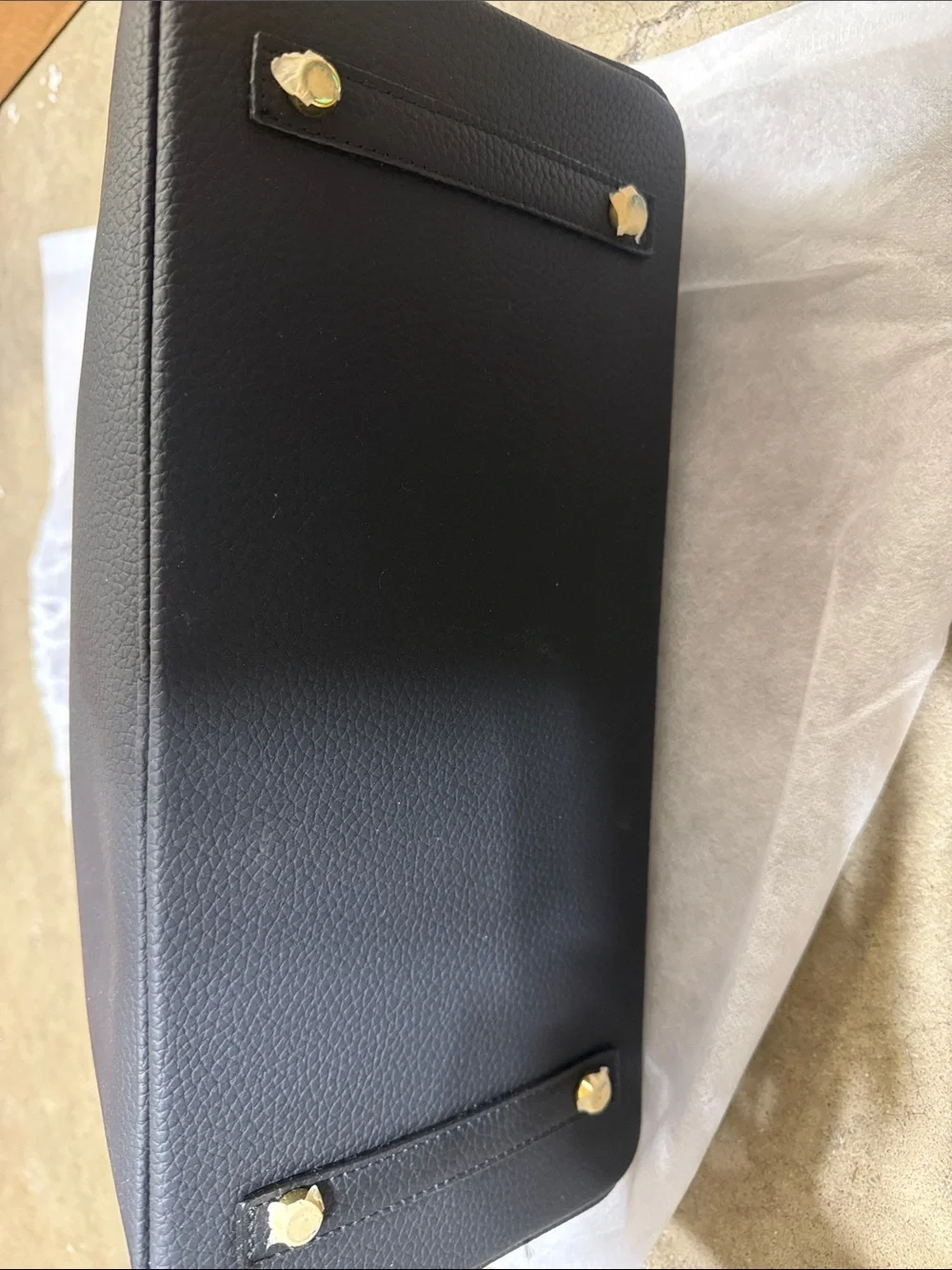 Black Leather Top-Handle Tote Bag with Gold Hardware